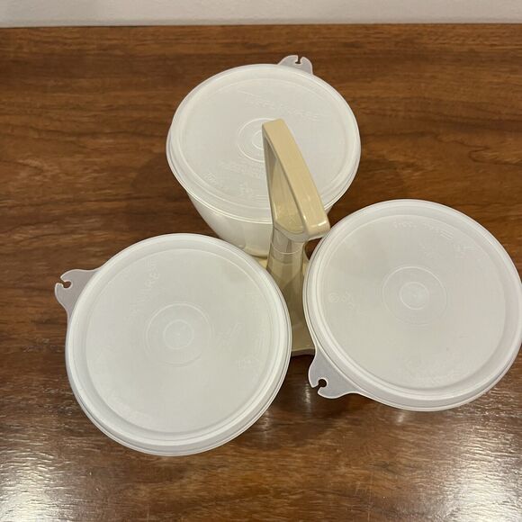 Vintage Tupperware 3 Containers Condiment Picnic Caddy Set Beige / White - Picture 2 of 9